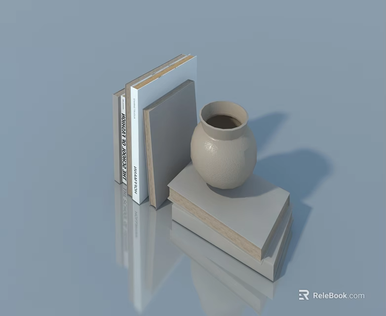 Modern Swing Door Design With Books Pottery Jar On Gray Reflective Surface 3d model 