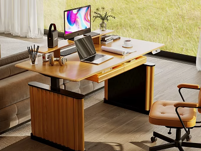 Home Office With Wooden Desk Laptop Desk Lamp Potted Plant And Window Grass View 3d model