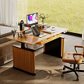 Home Office With Wooden Desk Laptop Desk Lamp Potted Plant And Window Grass View