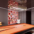 Stylish Billiards Room Interior Design with Orange Pool Table Black Walls Chandelier Bookshelves and Chairs