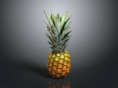 Fresh Ripe Pineapple With Green Leaves And Yellow Skin On Dark Background 3d model