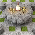 Round Stone Outdoor Table With Teapots Lantern And Decorative Stools On Paved Grass 3d model