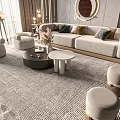 Modern sofa and coffee table set with throw pillows patterned rug stools and round mirror 3d model