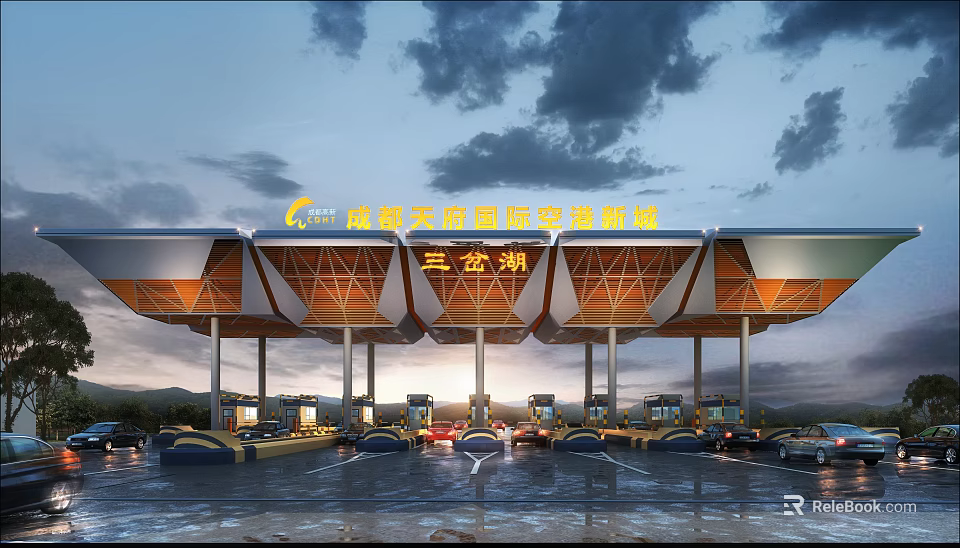 Nanhai Natural Gas Trading Hub at Sancha Lake with Toll Lanes and Vehicles 3d model 