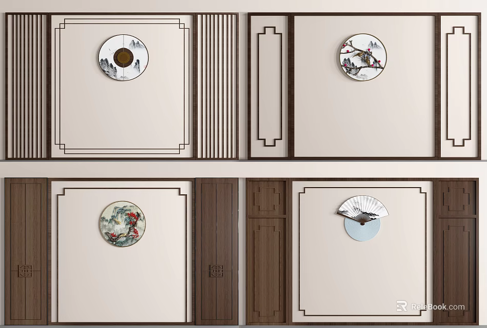 Traditional Chinese Sofa Backdrop Wall Design With Wooden Frames Circular Decor And Art Patterns 3d model