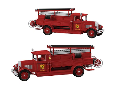 Classic Red Vintage Fire Trucks With Ladder Wheels And Emblem 3d model