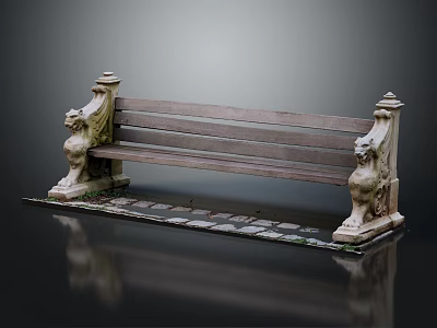 Outdoor Bench With Wooden Seat Stone Carved Lion Head Armrests And Base 3d model