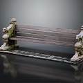 Outdoor Bench With Wooden Seat Stone Carved Lion Head Armrests And Base