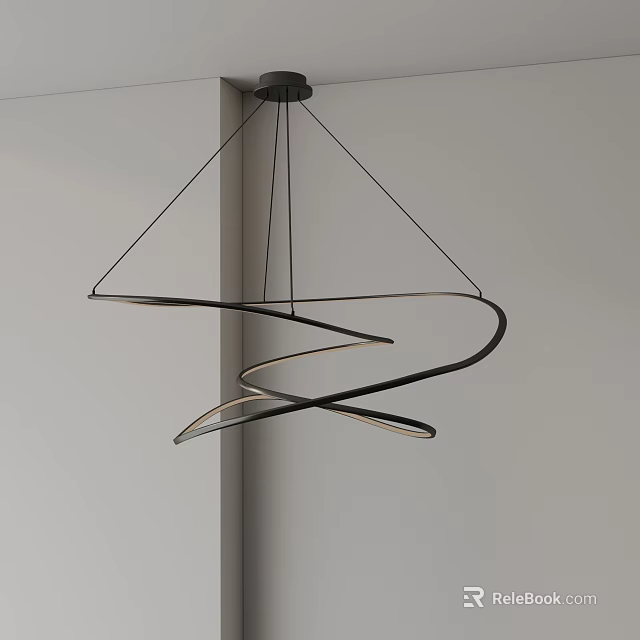 Modern Spiral Chandelier With Black Metal Frame Hanging In Room Corner Featuring Warm Light 3d model 