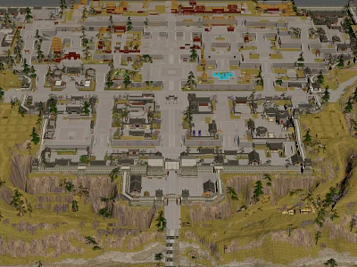 Ancient Architecture Complex Layout With Symmetric Plaza Roads And Mountainous Trees 3d model