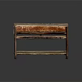 Vintage Wooden Desk With Worn Surface And Metal Frame Structure
