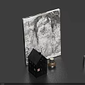 Home Living Supplies Gray Square Decor Black House Model and Silver Jar on Blue Background