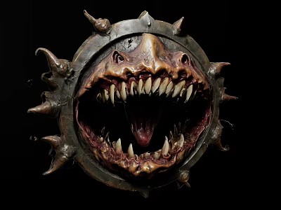 Horror Themed Decorative Ornament Set With Spikes Sharp Teeth And Circular Frame 3d model