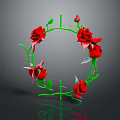 Red Roses Wreath with Green Leaves and Rose Buds on Dark Background Decorative Floral Arrangement