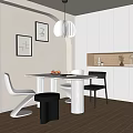Restaurant Interior Design With Marble Dining Table Black White Chairs Wall Art Pendant Light 3d model
