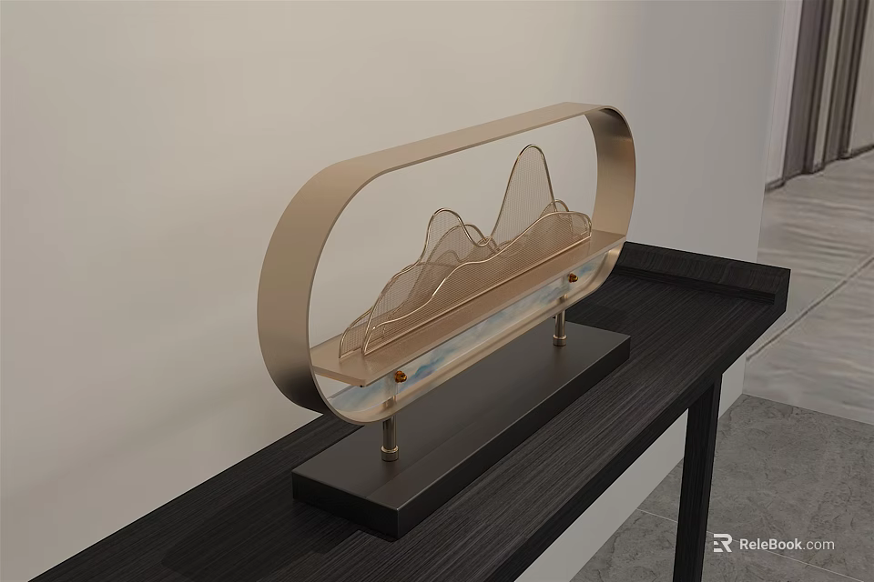 Modern Decorative Ornament Set With Brass Mountain Frame And Dark Wooden Base 3d model 