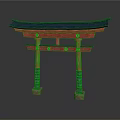 Traditional Japanese Torii Gate Structure With Red Pillars And Black Roof