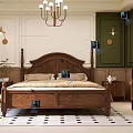 Elegant White Double Bed with Tufted Headboard Side Table Green Curtain and Chandelier