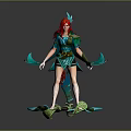 Red Haired Female Character in Feathered Attire with Symbiotic Green Blue Spiked Creature