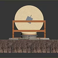 Orange Stand With White Disc On Grass And Stone Slab Platform With Soil Layer