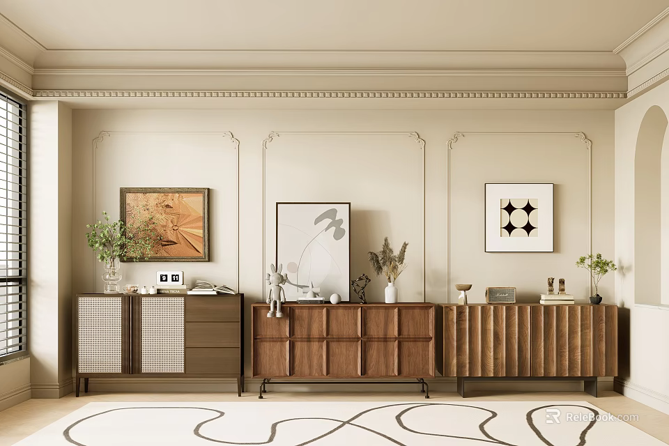 Elegant Wooden Dresser with Decorative Paintings Plants Vases and Books in Interior with Wall Moldings 3d model 