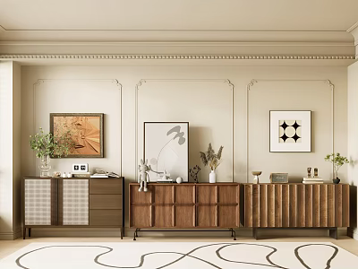 Elegant Wooden Dresser with Decorative Paintings Plants Vases and Books in Interior with Wall Moldings 3d model
