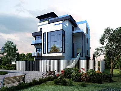 Modern Detached Villa With Large Glass Windows Three Story Design And Landscaped Garden Greenery 3d model