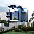 Modern Detached Villa With Large Glass Windows Three Story Design And Landscaped Garden Greenery