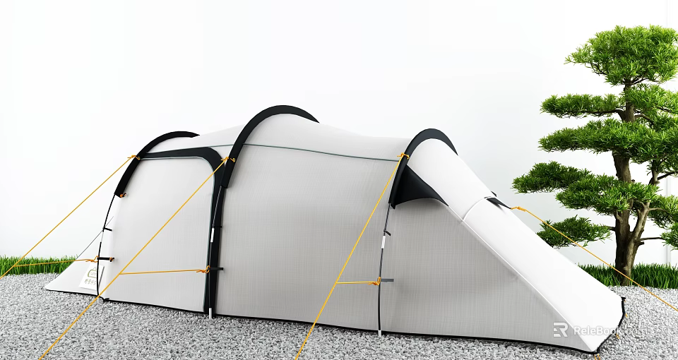 White Tent Featuring Black Curved Structure Yellow Ropes Securing On Gravel Ground Near Green Trees 3d model 