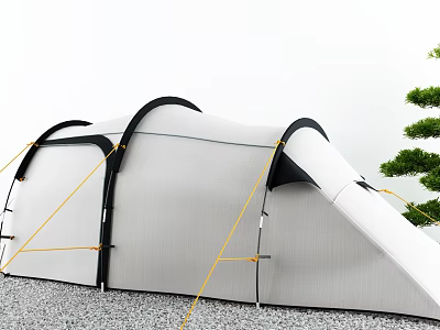 White Tent Featuring Black Curved Structure Yellow Ropes Securing On Gravel Ground Near Green Trees 3d model