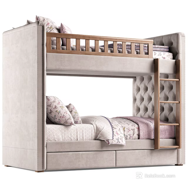 Modern Bunk Bed Design With Light Gray Frame Wooden Ladder And Floral Pillows 3d model 