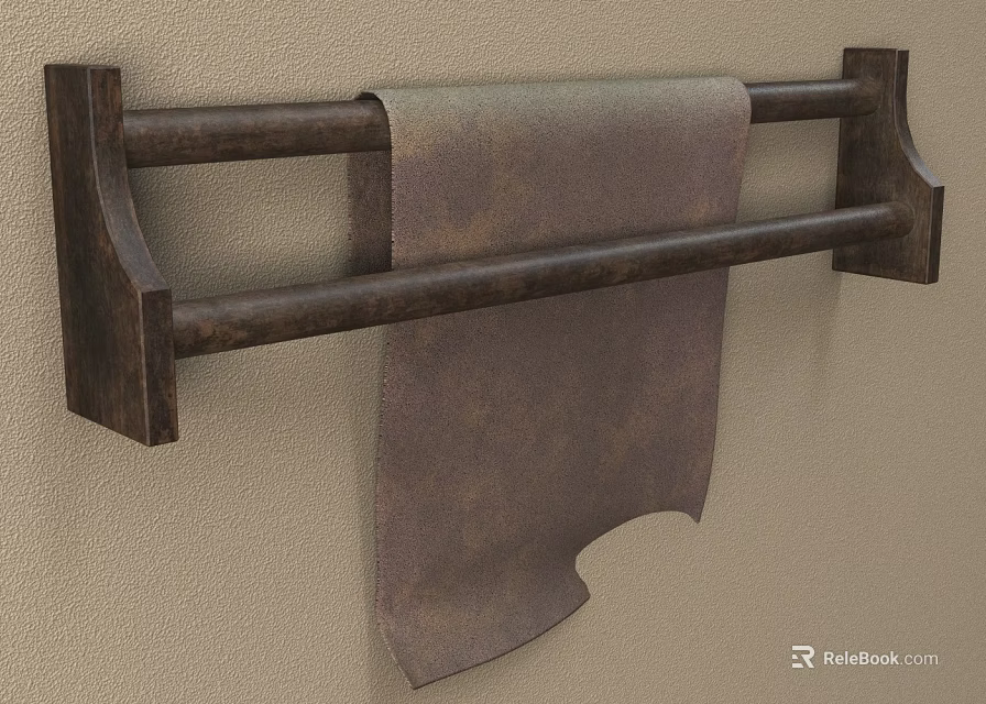 Rustic Wooden Bathroom Towel Rack With Hanging Towel On Beige Wall 3d model 
