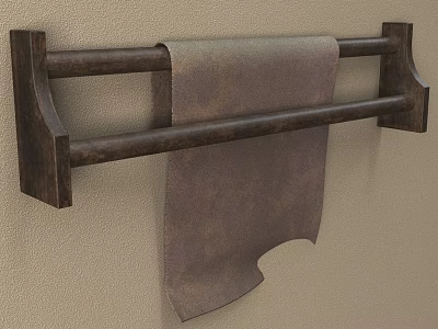 Rustic Wooden Bathroom Towel Rack With Hanging Towel On Beige Wall 3d model