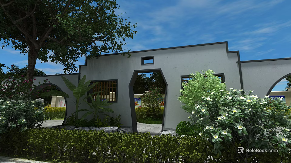 Chinese Style Entrance Gate With Gray Walls Arched Doorway And Surrounding Green Plants 3d model 