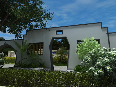 Chinese Style Entrance Gate With Gray Walls Arched Doorway And Surrounding Green Plants 3d model