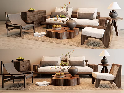 Modern Sofa And Coffee Table Set With Wooden Chairs Decorative Vase Fruits And Lamp 3d model