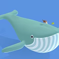 Cartoon Green Whale With White Striped Belly Small Fish And Duck On Light Blue Background