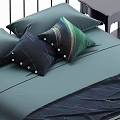 Double Bed With Metal Frame Tall Posts Dark Green Sheets And Decorative Pillows 3d model