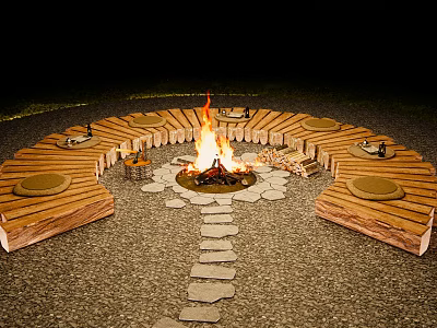 Outdoor Night Gathering Area With Circular Wooden Seating Around Burning Bonfire And Stone Path 3d model