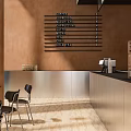 Modern Café Interior Design With Black Tables Chairs Brown Walls Metallic Counter And Hanging Lights