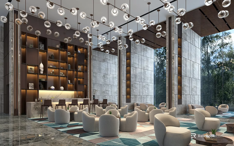 Hotel Public Lounge Area With Comfortable Sofas Modern Pendant Lights And Marble Wall Decor 3d model 