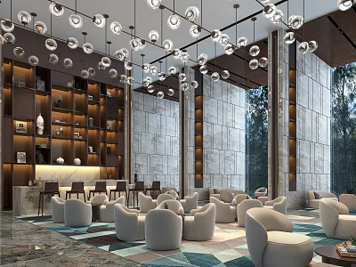 Hotel Public Lounge Area With Comfortable Sofas Modern Pendant Lights And Marble Wall Decor 3d model