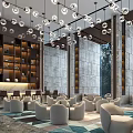 Hotel Public Lounge Area With Comfortable Sofas Modern Pendant Lights And Marble Wall Decor