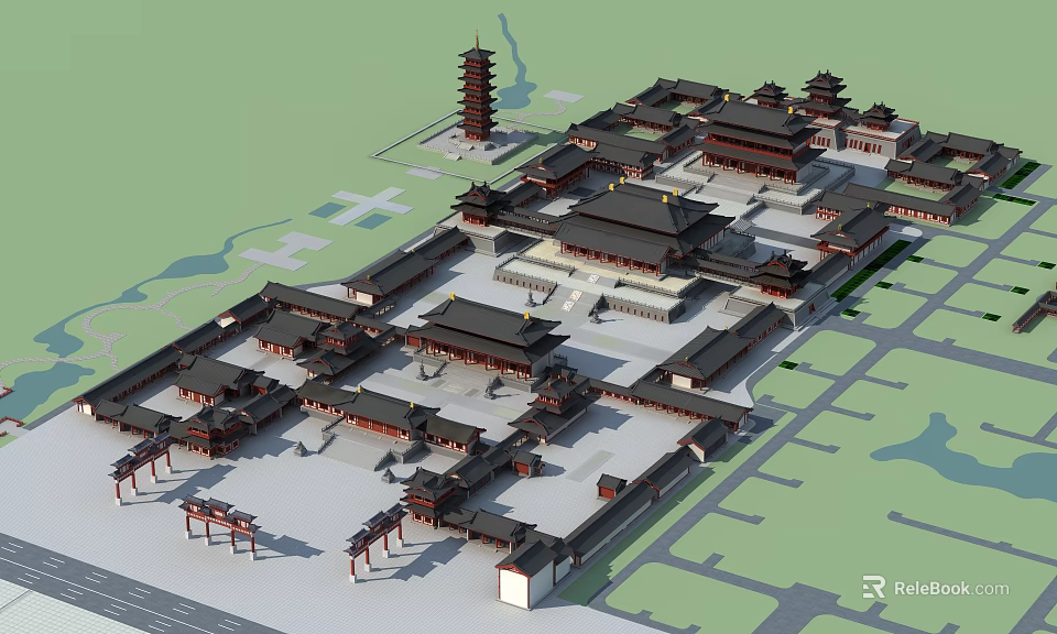 Bird's Eye View Planning Of Traditional Chinese Architecture With Pagoda And Courtyard Layout 3d model 