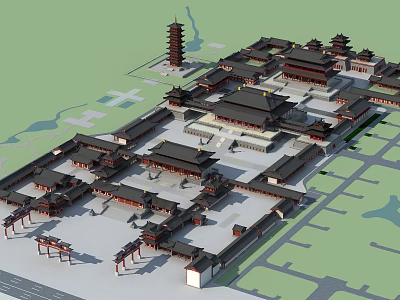 Bird's Eye View Planning Of Traditional Chinese Architecture With Pagoda And Courtyard Layout 3d model