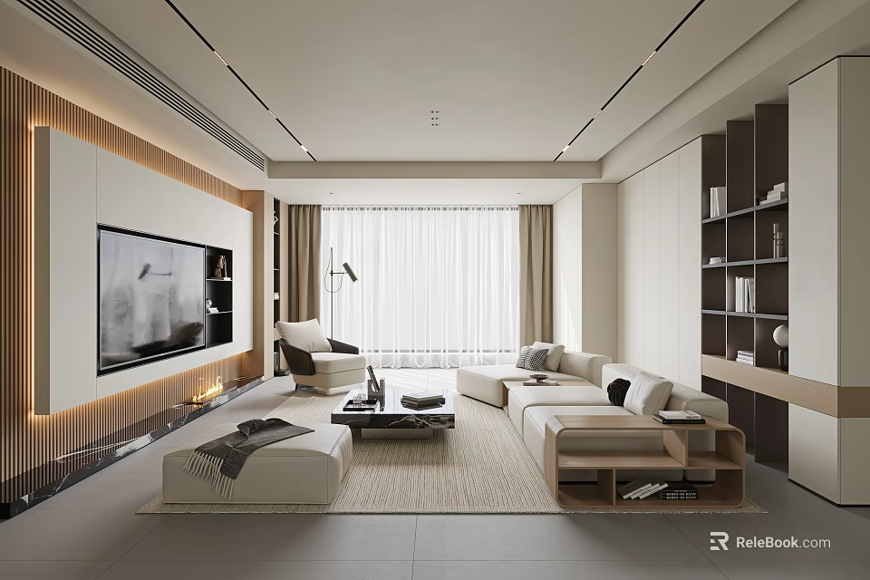 Modern Living Room Interior With Sofa TV Bookshelf And Curtain Windows 3d model 