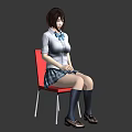 Woman Sitting On Red Chair In White Shirt With Blue Bow Tie And Plaid Skirt