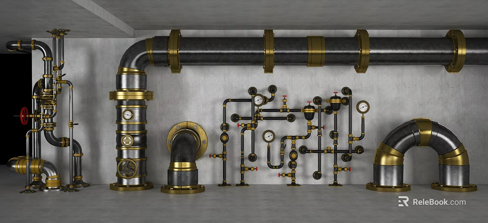 Industrial Metal Pipes System With Black Gold Valves Gauges And Wall Installation 3d model 