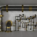 Industrial Metal Pipes System With Black Gold Valves Gauges And Wall Installation