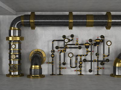 Industrial Metal Pipes System With Black Gold Valves Gauges And Wall Installation 3d model